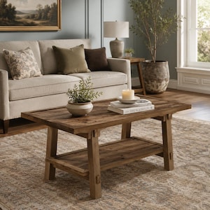 May include: A rectangular wooden coffee table with a lower shelf, featuring a natural brown finish and visible wood grain. On the tabletop sits a small potted green plant in a ceramic bowl and two stacked books with a white candle on top.