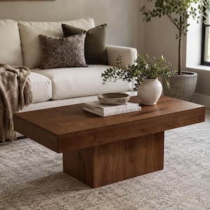 May include: A rectangular dark brown wooden coffee table with a thick, solid block base. On the table surface sits a stack of two books titled This Is Home and Live Beautiful, topped with a shallow gray bowl and a white vase containing green foliage.