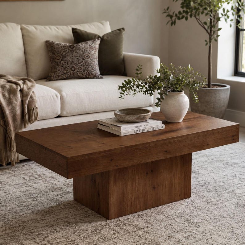 May include: A rectangular dark brown wooden coffee table with a thick, solid block base. On the table surface sits a stack of two books titled This Is Home and Live Beautiful, topped with a shallow gray bowl and a white vase containing green foliage.