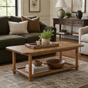 May include: A rectangular wooden coffee table with a lower shelf, featuring four turned legs. The top surface holds a rectangular wooden tray with a small potted green plant and a candle. The lower shelf displays a wooden bowl and three stacked books.
