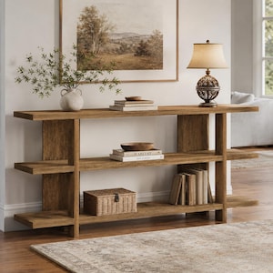 May include: A long, rectangular wooden console table with three tiers of shelving. The table features a natural wood grain finish, a white ceramic vase with greenery, a table lamp with a beige shade, stacked books, and a woven wicker storage box.