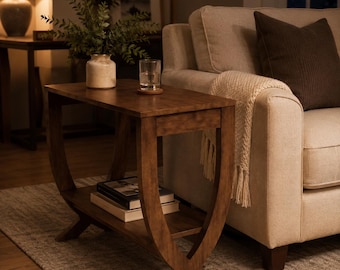 Rustic Walnut End Table With Storage Shelf, Curved Wood Accent Table