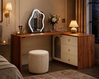 L Shaped Makeup Vanity Desk With Drawers, Cabinet Storage & Glass Door