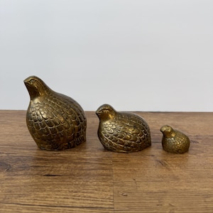 May include: A set of three graduated brass bird figurines, each featuring a textured feather pattern across the body. The birds are arranged in a line from largest to smallest, showcasing a metallic gold finish with dark patina accents.