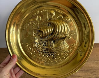 Vintage Peerage Brass Ship 10” Wall Plate | Made in England