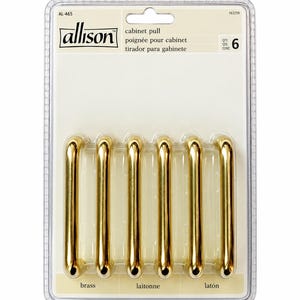 以下が含まれることがあります： Allisonブランドのゴールドカラーの金属製キャビネットプル6個セット。パッケージは透明なプラスチック製で、厚紙の台紙には「allison」、「cabinet pull」、「6」という文字が記載されています。プルは滑らかでアーチ状の形状をしており、光沢のある仕上げが施されています。