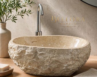 Lavabo in marmo rustico Heart Stone - Elegante lavabo in travertino per bagni moderni, minimalisti o in stile giapponese.
