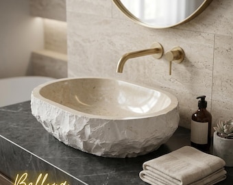 Lavandino ovale in marmo rustico - Lavandino di lusso in travertino per bagni moderni, minimalisti o in stile giapponese