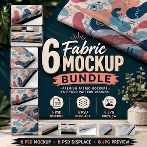Könnte beinhalten: Eine digitale Grafikwerbung für ein 6er-Set Stoff-Mockups mit abstrakten Mustern in Rosa, Blau und Weiß. Der Text lautet 6 Fabric Mockup Bundle, Premium Fabric Mockups For Your Pattern Designs, 6 PSD Mockup, 6 PSD Displace und 6 JPG Preview.