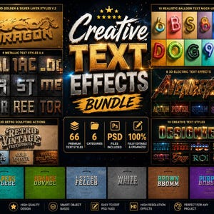 May include: A digital graphic display showcasing a Creative Text Effects Bundle with 66 premium text styles across 6 categories. The image features various 3D metallic, electric, balloon, and retro typography examples with labels like Dragon, Avengers, and Designer.