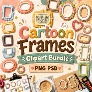 May include: A digital collection of cartoon frames featuring various shapes and colors, including rectangular, oval, and heart-shaped designs. The central text reads Cartoon Frames Clipart Bundle PNG PSD, surrounded by numerous illustrated frames.