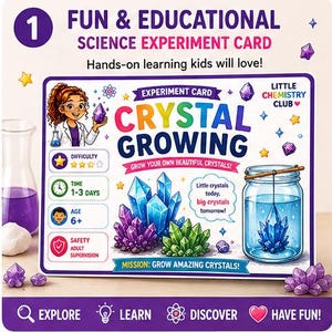 Op de afbeelding: Een rechthoekige experimenteerkaart met de titel Crystal Growing. De kaart bevat illustraties van kleurrijke kristallen, een glazen pot met een kristal erin en een wetenschapper. Tekst bevat moeilijkheidsgraad, tijd 1-3 dagen, leeftijd 6+ en veiligheid.