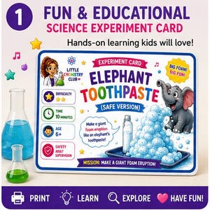 May include: A rectangular science experiment card titled Elephant Toothpaste (Safe Version) featuring a cartoon elephant, a foam eruption illustration, and icons for difficulty, time, age, and safety. Includes text: Little Chemistry Club.