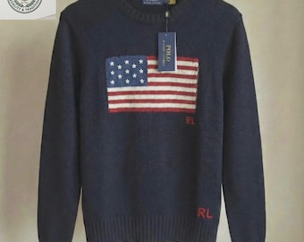 Authentic Polo Ralph Lauren US Flag Polo Sweater, Men’s Knit Crewneck