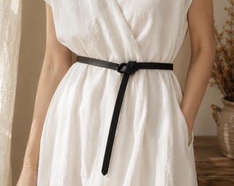 Leren wikkelriem dames | Handgemaakte volnerf leren riem | Minimalistische Franse taille riem