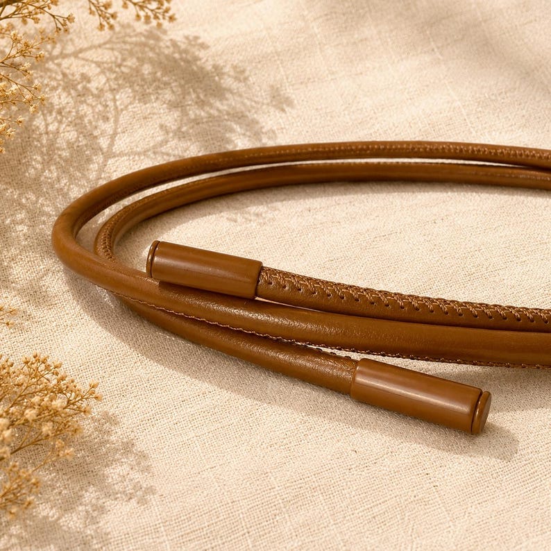 Op de afbeelding: Een dunne, bruine koordriem met een gladde, ronde textuur en bijpassende cilindrische eindkappen. De riem is in een cirkelvorm opgerold, wat het flexibele ontwerp en de consistente, egale bruine kleur over de gehele lengte laat zien.