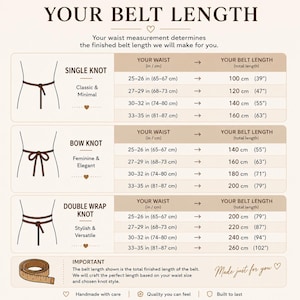 Op de afbeelding: Een beige informatietabel getiteld YOUR BELT LENGTH met drie secties voor knoopstijlen: Single Knot, Bow Knot en Double Wrap Knot. Elke sectie toont een taillemaat in inches en centimeters naast de totale riemlengte in cm en inches.