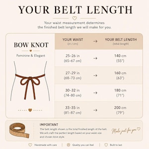 Op de afbeelding: Een beige informatieve kaart getiteld YOUR BELT LENGTH met een tabel die taillematen in inches en centimeters koppelt aan totale riemlengtes in centimeters en inches. Het bevat een diagram van een strikknoop en een meetlint.