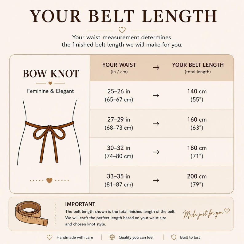 Op de afbeelding: Een beige informatieve kaart getiteld YOUR BELT LENGTH met een tabel die taillematen in inches en centimeters koppelt aan totale riemlengtes in centimeters en inches. Het bevat een diagram van een strikknoop en een meetlint.