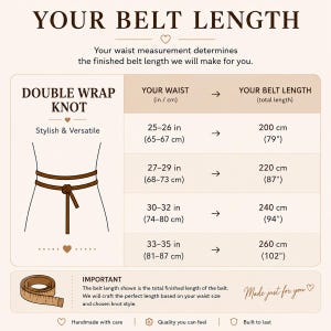 Op de afbeelding: Een maattabel getiteld YOUR BELT LENGTH met een diagram van een riem met dubbele knoop. De tabel toont taillematen van 65-87 cm en bijbehorende riemlengtes van 200-260 cm. Inclusief een icoon van een meetlint en begeleidende tekst.