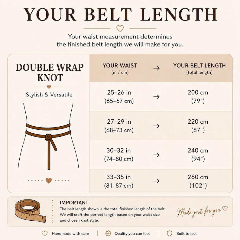 Op de afbeelding: Een maattabel getiteld YOUR BELT LENGTH met een diagram van een riem met dubbele knoop. De tabel toont taillematen van 65-87 cm en bijbehorende riemlengtes van 200-260 cm. Inclusief een icoon van een meetlint en begeleidende tekst.