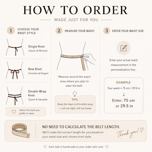 Op de afbeelding: Een instructieve infographic met de titel HOW TO ORDER MADE JUST FOR YOU. Het toont drie stappen: een knoopstijl kiezen, de taille meten met een meetlint en de taillemaat invoeren. Voorbeelden tonen 75 cm of 29,5 in.