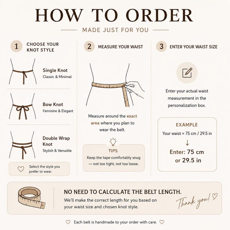 Op de afbeelding: Een instructieve infographic met de titel HOW TO ORDER MADE JUST FOR YOU. Het toont drie stappen: een knoopstijl kiezen, de taille meten met een meetlint en de taillemaat invoeren. Voorbeelden tonen 75 cm of 29,5 in.