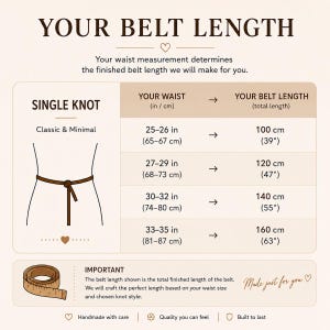 Op de afbeelding: Een beige informatiekaart met de titel YOUR BELT LENGTH, voorzien van een tabel die taillematen in inches koppelt aan totale riemlengtes in centimeters en inches. Inclusief een diagram van een riem met een enkele knoop.