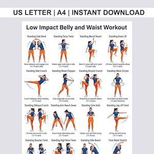 Allenamento a basso impatto per pancia e vita / Tabella degli esercizi stampabile / Routine di fitness a casa per donne / Allenamento in piedi per tutto il corpo