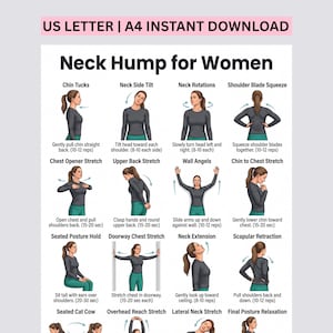 May include: A digital instructional chart titled Neck Hump for Women featuring twelve illustrated exercises. Each section includes a figure in a grey long-sleeve shirt and teal leggings demonstrating movements like chin tucks, wall angels, and stretches.