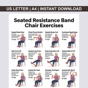May include: A printable guide titled "Seated Resistance Band Chair Exercises" with illustrations of various exercises. The exercises include band rows, chest presses, bicep curls, overhead presses, side arm pulls, leg presses, knee extensions, and march pulls.