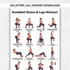 Könnte beinhalten: Ein Trainingsplan mit dem Titel "Dumbbell Glutes & Legs Workout" mit Illustrationen von Übungen wie Kniebeugen und Ausfallschritten. Die Tabelle enthält Übungsnamen, Beschreibungen und Wiederholungszahlen. Oben auf der Tabelle steht der Text "US LETTER | A4 | INSTANT DOWNLOAD".