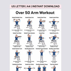 Può includere: Una tabella di allenamento intitolata Over 50 Arm Workout con illustrazioni di una persona che esegue vari esercizi con manubri. Il foglio include etichette di testo per movimenti come il lento avanti, i curl per bicipiti e le alzate laterali.
