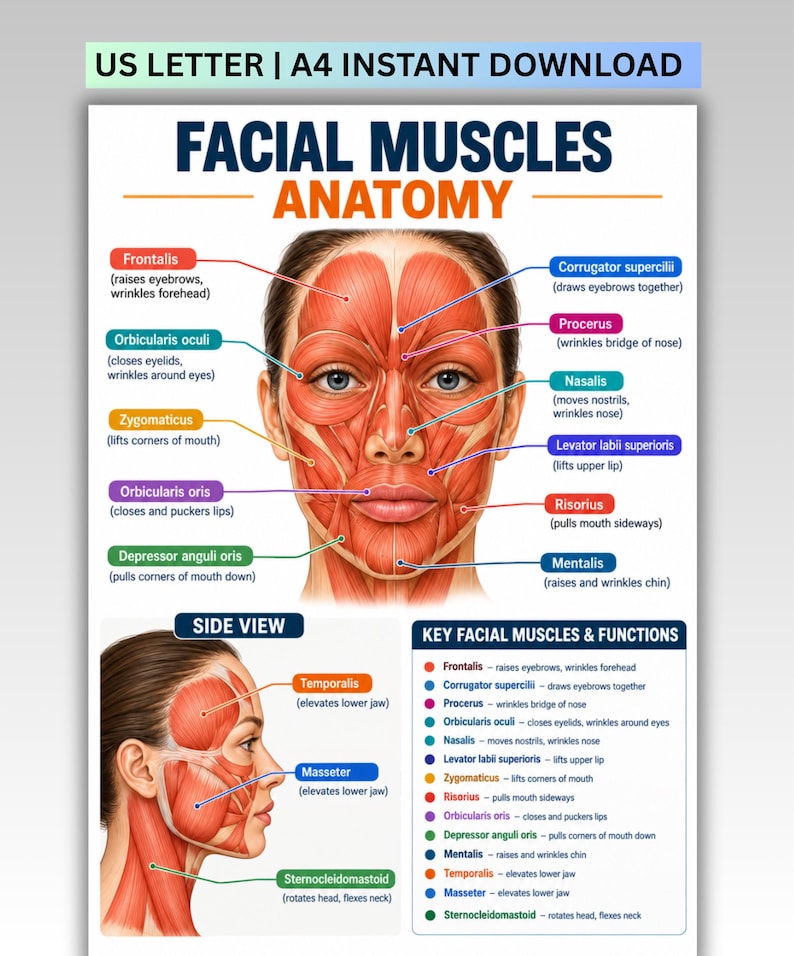 Facial Muscles Anatomy Poster Printable PDF, Face & Neck Muscle Chart ...