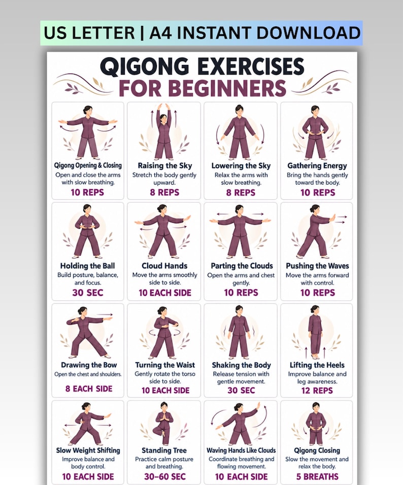 Qigong Exercises for Beginners Printable, Basic Qigong Movements & Qi ...