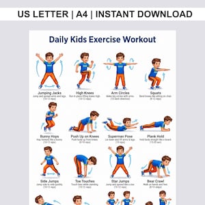 Könnte beinhalten: Ein farbenfrohes Infografik mit dem Titel "Daily Kids Exercise Workout" zeigt illustrierte Übungen wie Jumping Jacks, High Knees und Arm Circles. Die Übungen sind für Kinder konzipiert, mit Anweisungen und Wiederholungszählungen.