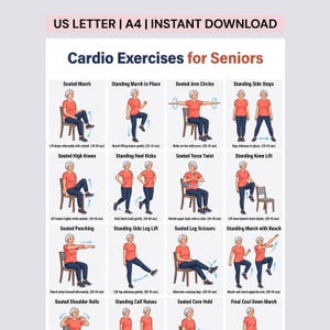 May include: A digital chart titled Cardio Exercises for Seniors featuring illustrations of a person in a red shirt and blue pants performing various seated and standing movements. The text includes US LETTER | A4 | INSTANT DOWNLOAD at the top.