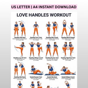 May include: A digital workout chart titled LOVE HANDLES WORKOUT featuring illustrations of a person in a blue top and orange leggings performing various exercises including side bends, twists, crunches, and wood choppers with text instructions.