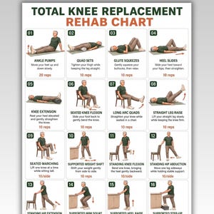 May include: A Total Knee Replacement Rehab Chart featuring sixteen numbered exercise illustrations with instructions and repetition counts. The document includes the text US LETTER | A4 INSTANT DOWNLOAD at the top and displays various physical therapy movements performed by a person in a green shirt and brown pants.