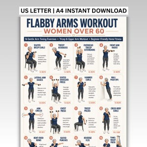 May include: A workout chart titled FLABBY ARMS WORKOUT WOMEN OVER 60 featuring 16 numbered exercise illustrations. Each section displays a person in a blue shirt and dark trousers performing arm movements with instructions and repetition counts.
