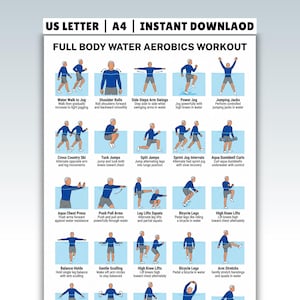 May include: A white instructional poster titled FULL BODY WATER AEROBICS WORKOUT with US LETTER and A4 sizing options. It features twenty illustrated figures in blue shirts and grey shorts performing various aquatic exercises in light blue water.