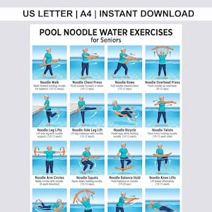 May include: A digital instructional chart titled Pool Noodle Water Exercises for Seniors, featuring twelve illustrated panels of a person in a pool demonstrating various movements with an orange foam noodle, including text labels and repetition counts.