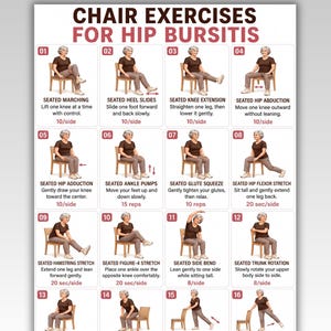 May include: A digital chart titled CHAIR EXERCISES FOR HIP BURSITIS featuring sixteen numbered illustrations of a person performing seated and supported standing exercises. Each panel includes text instructions and repetition counts for physical therapy routines.