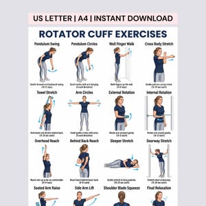 May include: A digital chart titled ROTATOR CUFF EXERCISES featuring twelve illustrated figures demonstrating physical therapy movements. Each exercise includes a label and brief instructions. The document is formatted for US Letter and A4 paper sizes.