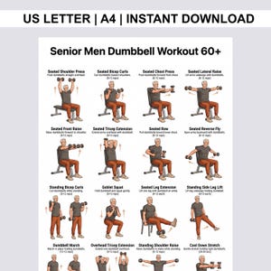 Może przedstawiać: Drukowany przewodnik treningowy zatytułowany "Senior Men Dumbbell Workout 60+". Przewodnik zawiera ilustracje ćwiczeń takich jak wyciskanie hantli siedząc, uginanie ramion i prostowanie nóg. Tekst "US LETTER | A4 | INSTANT DOWNLOAD" znajduje się na górze.