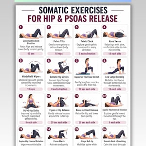 Op de afbeelding: Een digitale poster getiteld Somatic Exercises for Hip & Psoas Release, met zestien genummerde illustraties van een persoon in paarse sportkleding die verschillende grondoefeningen uitvoert met instructies en herhalingsaantallen.