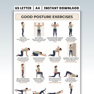 Puede incluir: Un póster digital titulado GOOD POSTURE EXERCISES con ilustraciones de una persona con camiseta verde y leggings oscuros realizando varios estiramientos. El texto incluye US LETTER | A4 | INSTANT DOWNLAOD e instrucciones para movimientos como retracciones cervicales, ángeles de pared y puentes de glúteos.