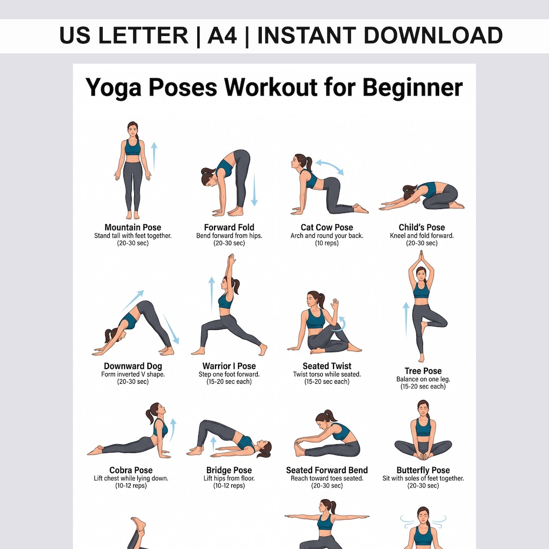 Beginner Yoga Poses Chart Printable PDF, 16 Yoga Asanas Poster, Daily