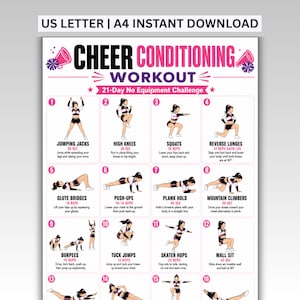 May include: A white digital workout chart titled CHEER CONDITIONING WORKOUT 21-Day No Equipment Challenge. It features sixteen numbered illustrations of exercises including jumping jacks, squats, and lunges with pink and purple text instructions.