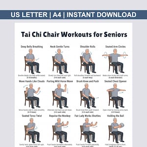 Pode incluir: Um guia imprimível intitulado "Tai Chi Chair Workouts for Seniors" com ilustrações de exercícios. O guia inclui instruções para vários movimentos como Respiração Profunda e Rotações de Ombros. O texto no topo diz "US LETTER | A4 | INSTANT DOWNLOAD".